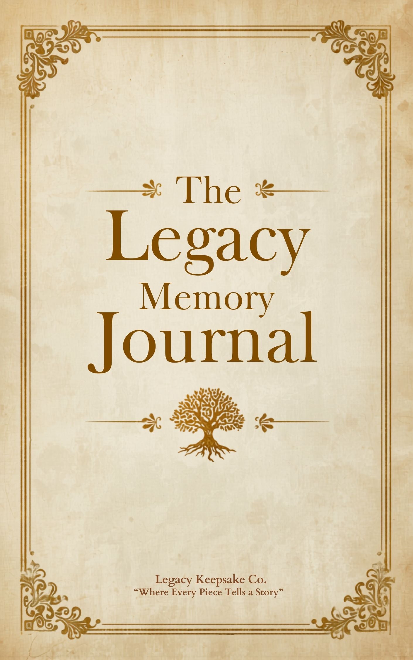 The Legacy Memory Journal cover — ivory parchment with gold botanical border and family tree illustration by Legacy Keepsake Co.