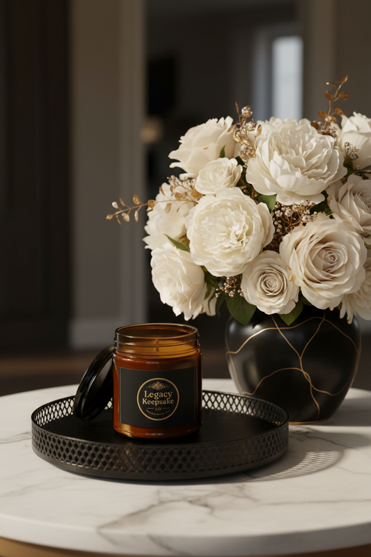 Founder's Flame Candle in Tray with Floral Arrangement