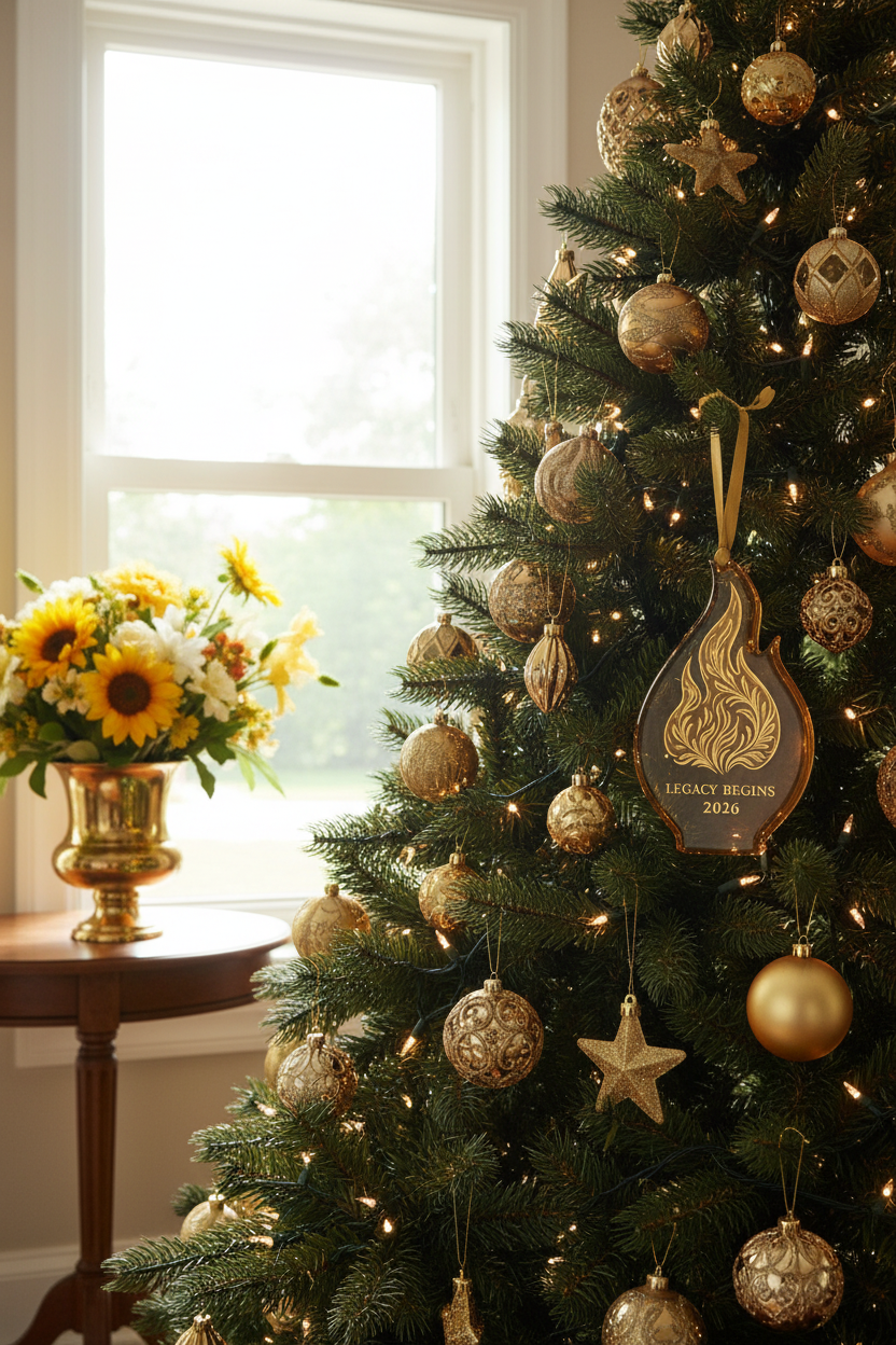 Founder's Flame Ornament hanging on dark Christmas tree with summer sunshine — Christmas in July launch